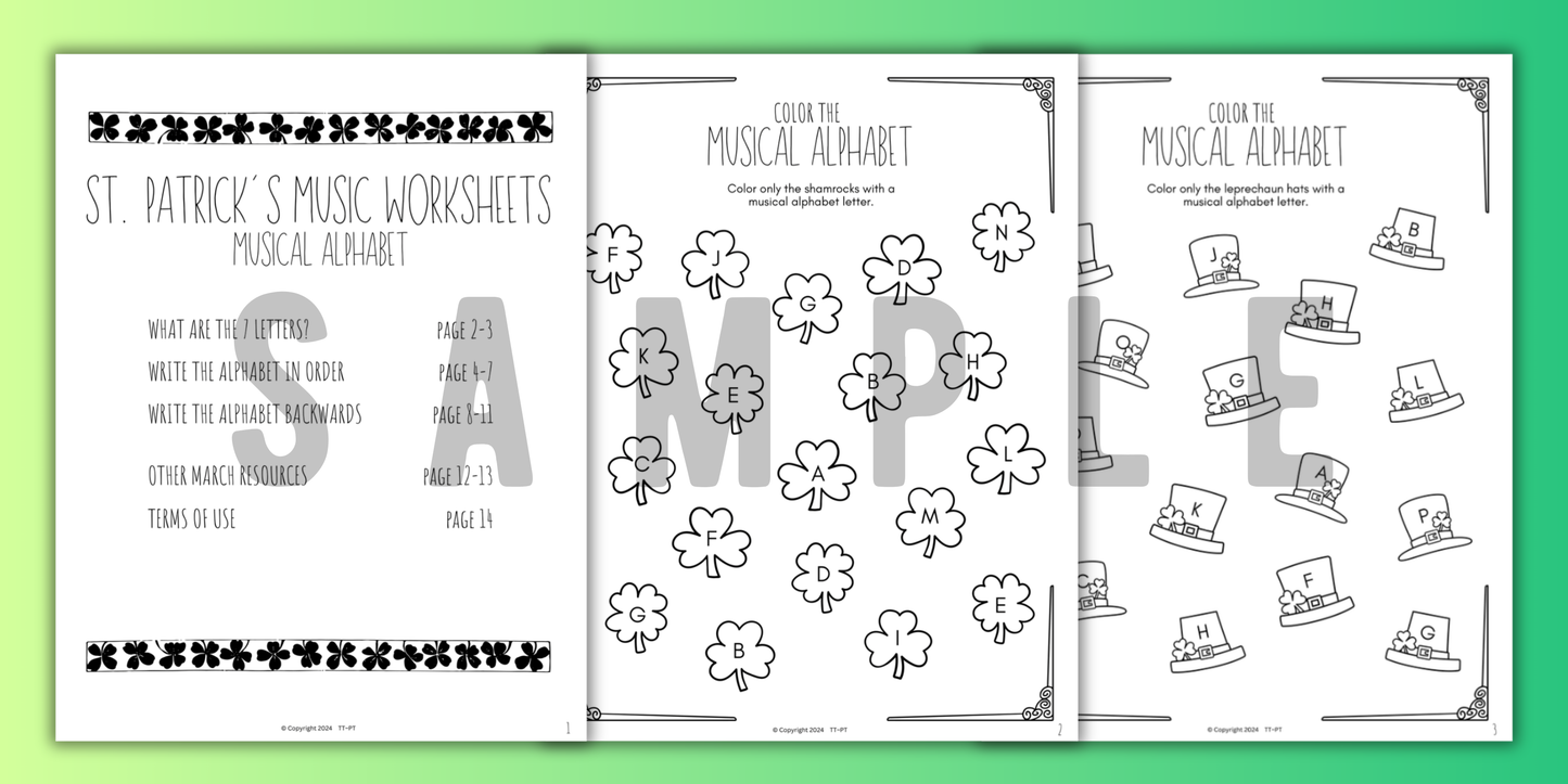 St. Patrick's Day MUSICAL ALPHABET Music Worksheets