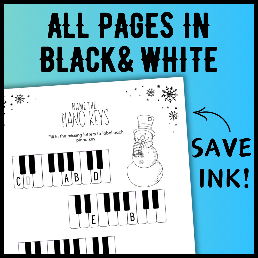 Winter PIANO KEYS Music Worksheets