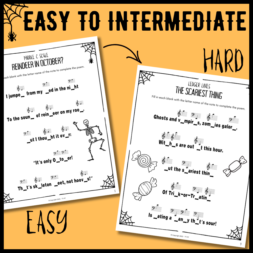 Halloween Fill-in-the-Blank Note Naming Worksheets