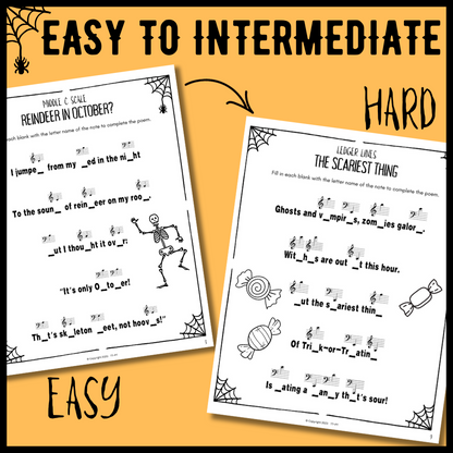 Halloween Fill-in-the-Blank Note Naming Worksheets