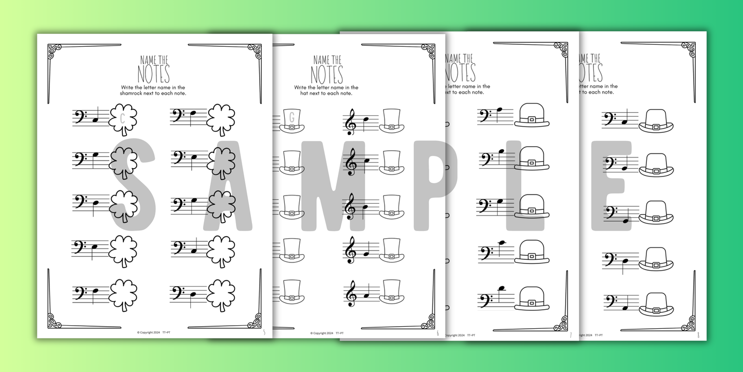 St. Patrick's Day NOTE NAMING Music Worksheets