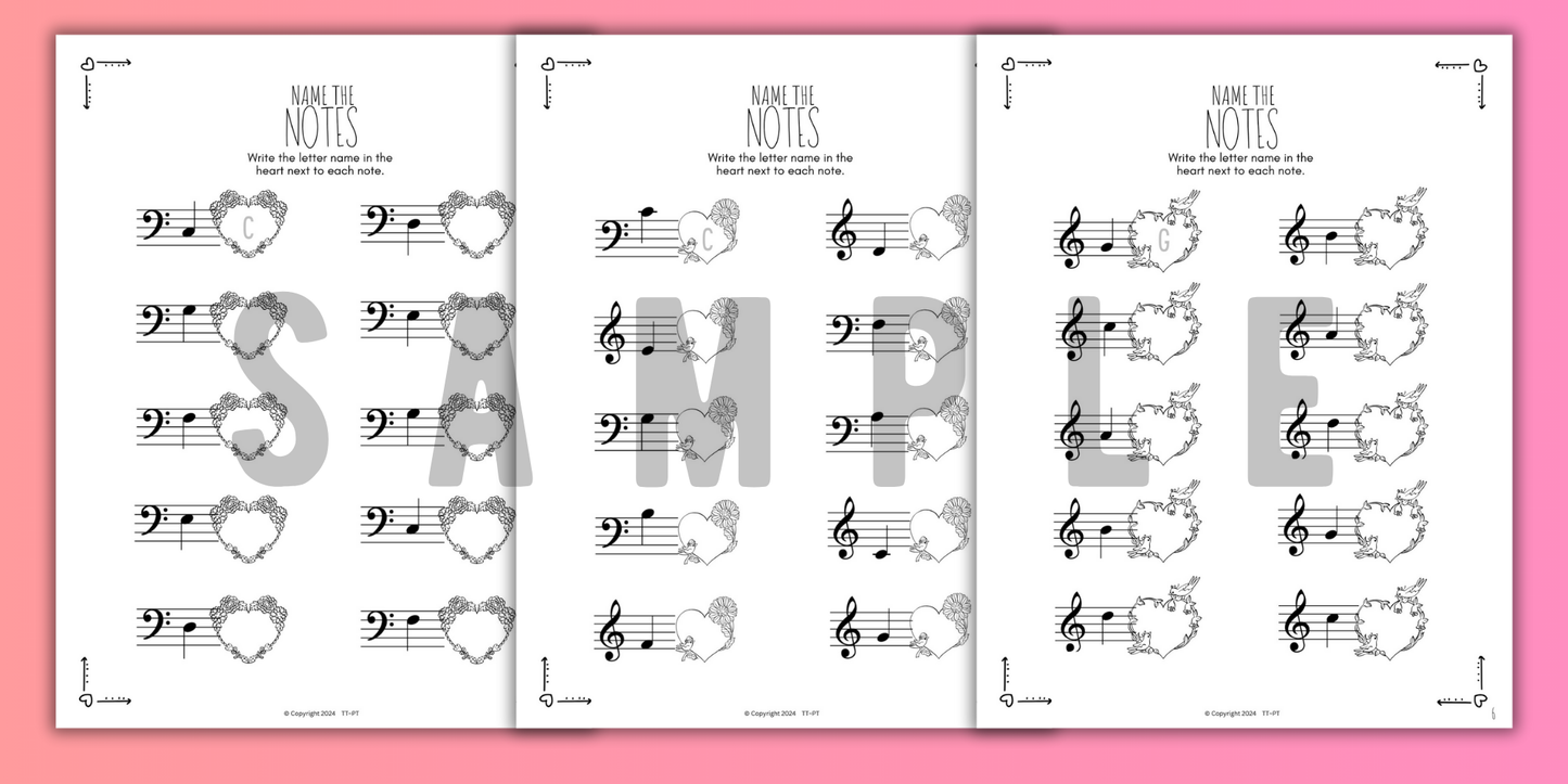 Valentine's Day NOTE NAMING Music Worksheets