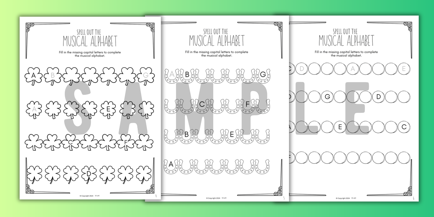 St. Patrick's Day MUSICAL ALPHABET Music Worksheets