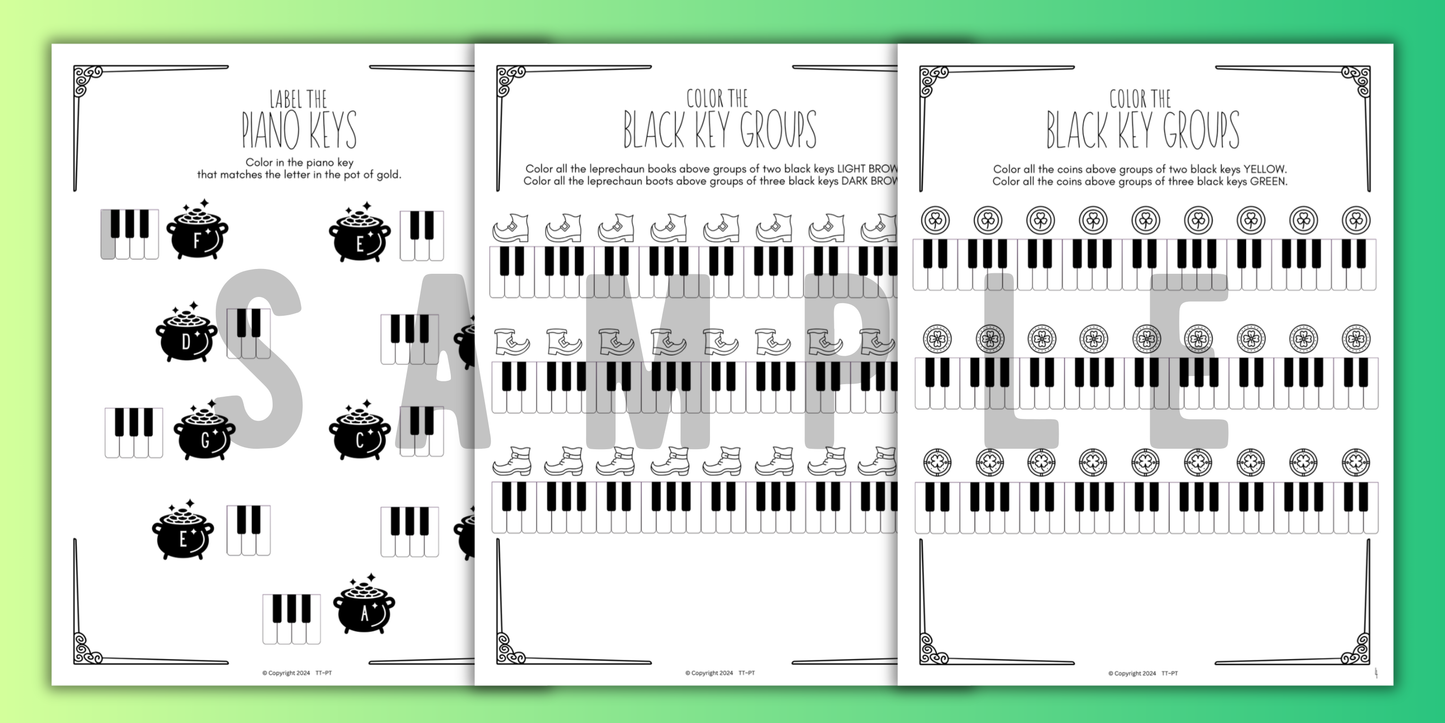 St. Patrick's Day PIANO KEYS Music Worksheets