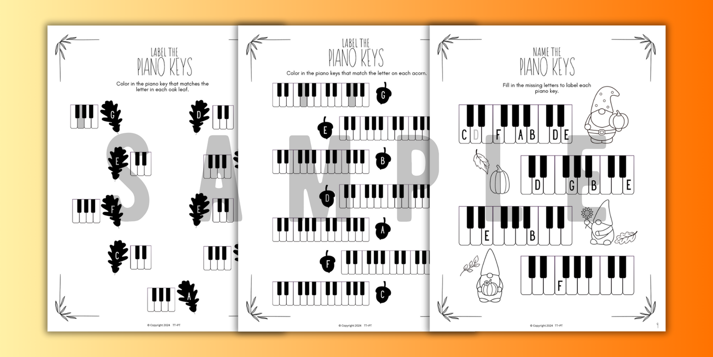 Fall PIANO KEYS Music Worksheets