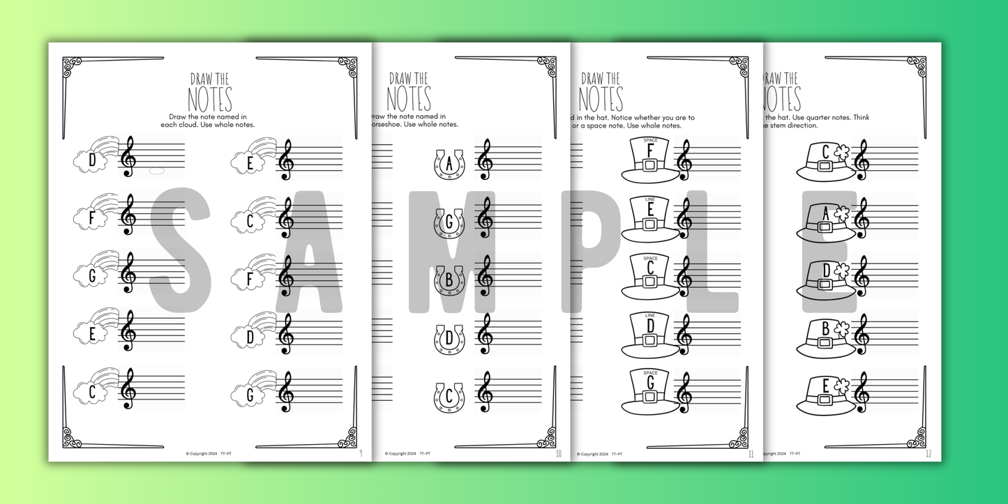St. Patrick's Day NOTE NAMING Music Worksheets
