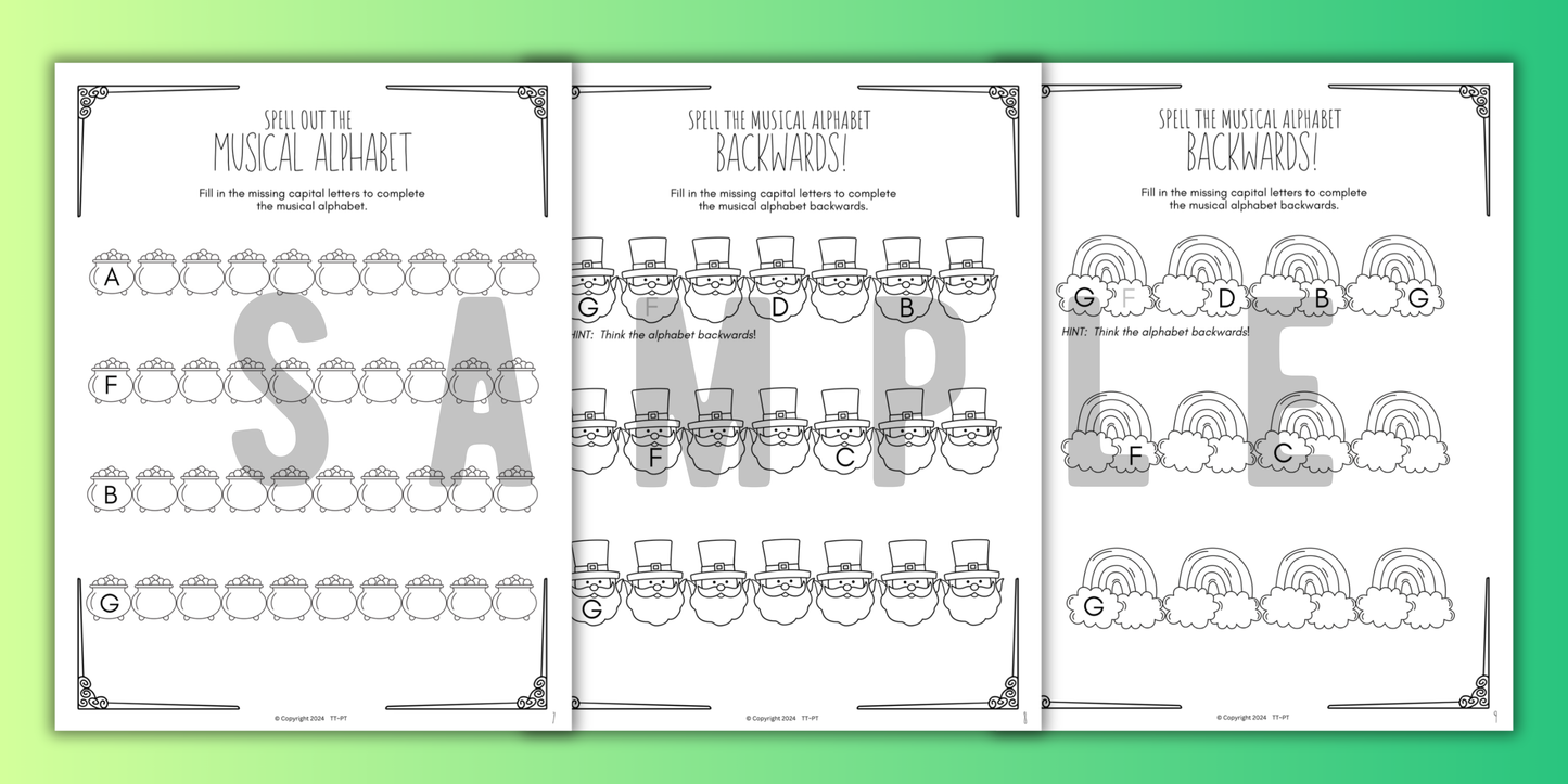 St. Patrick's Day MUSICAL ALPHABET Music Worksheets