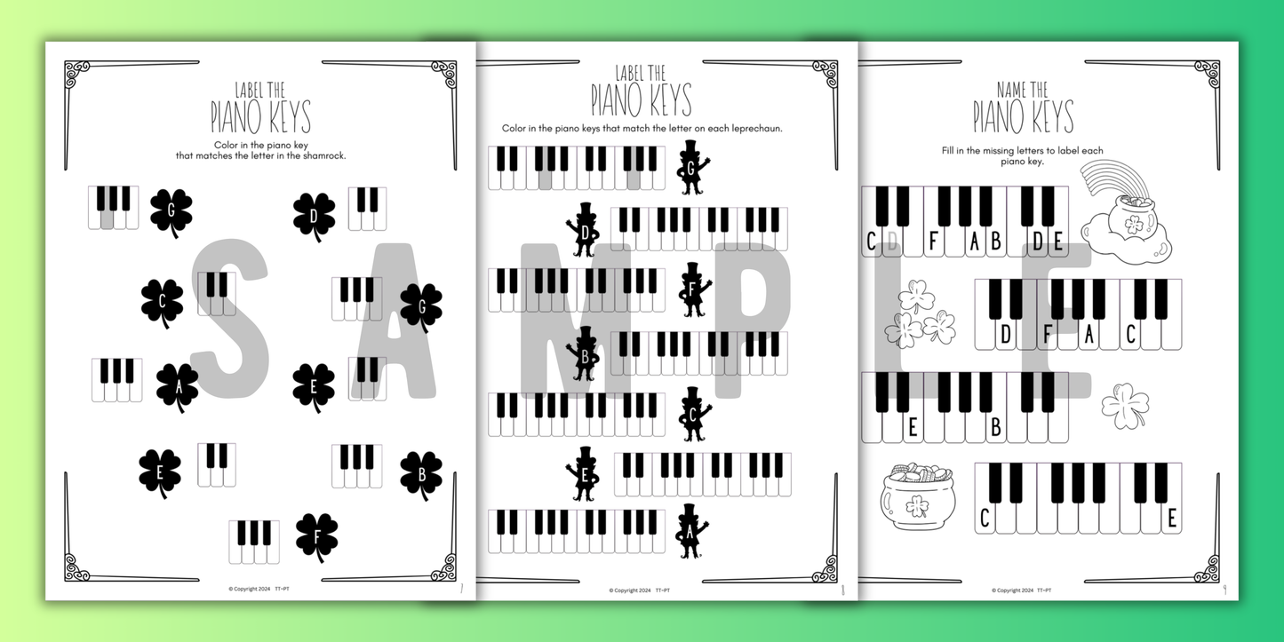 St. Patrick's Day PIANO KEYS Music Worksheets