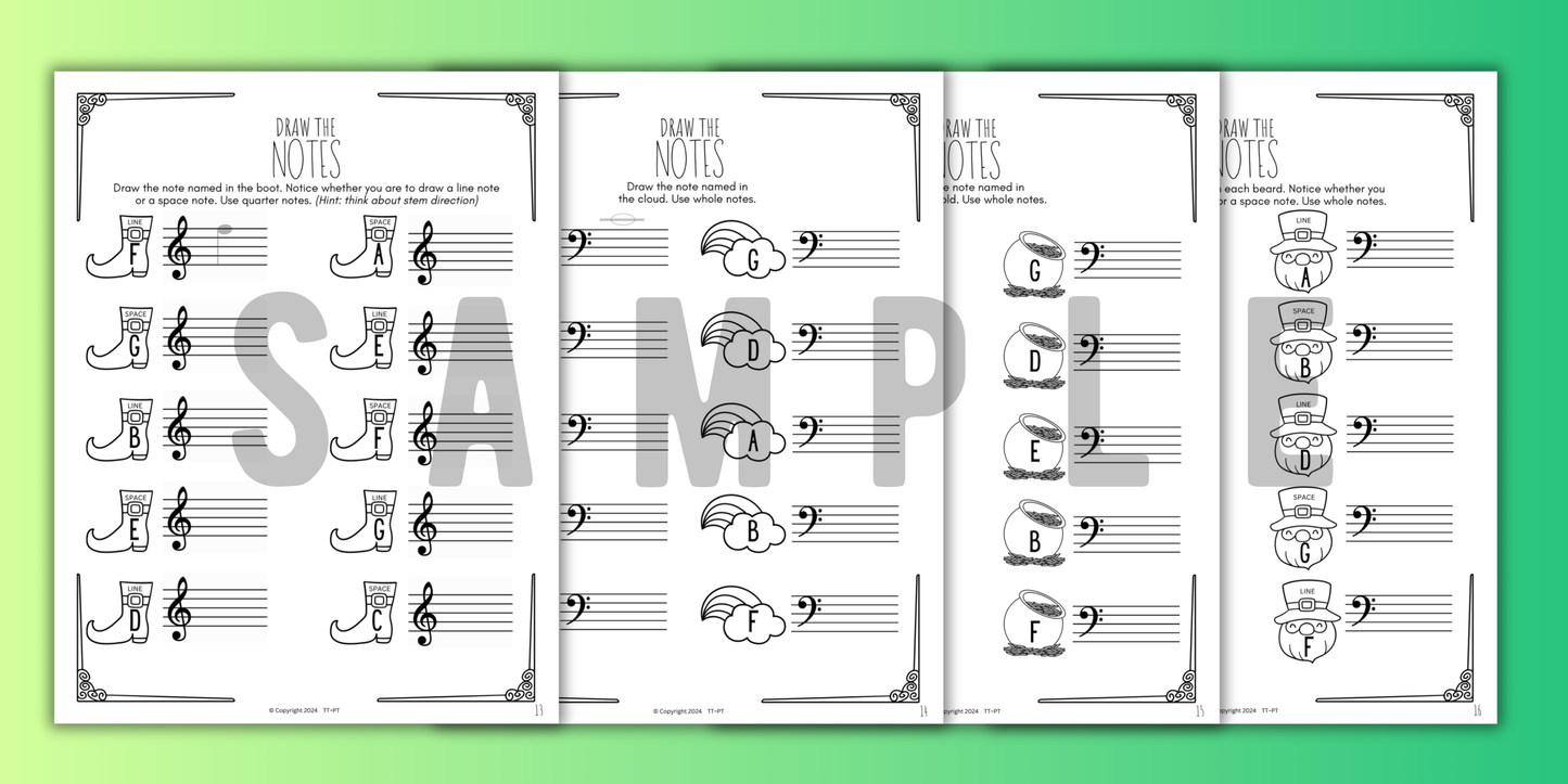 St. Patrick's Day NOTE NAMING Music Worksheets