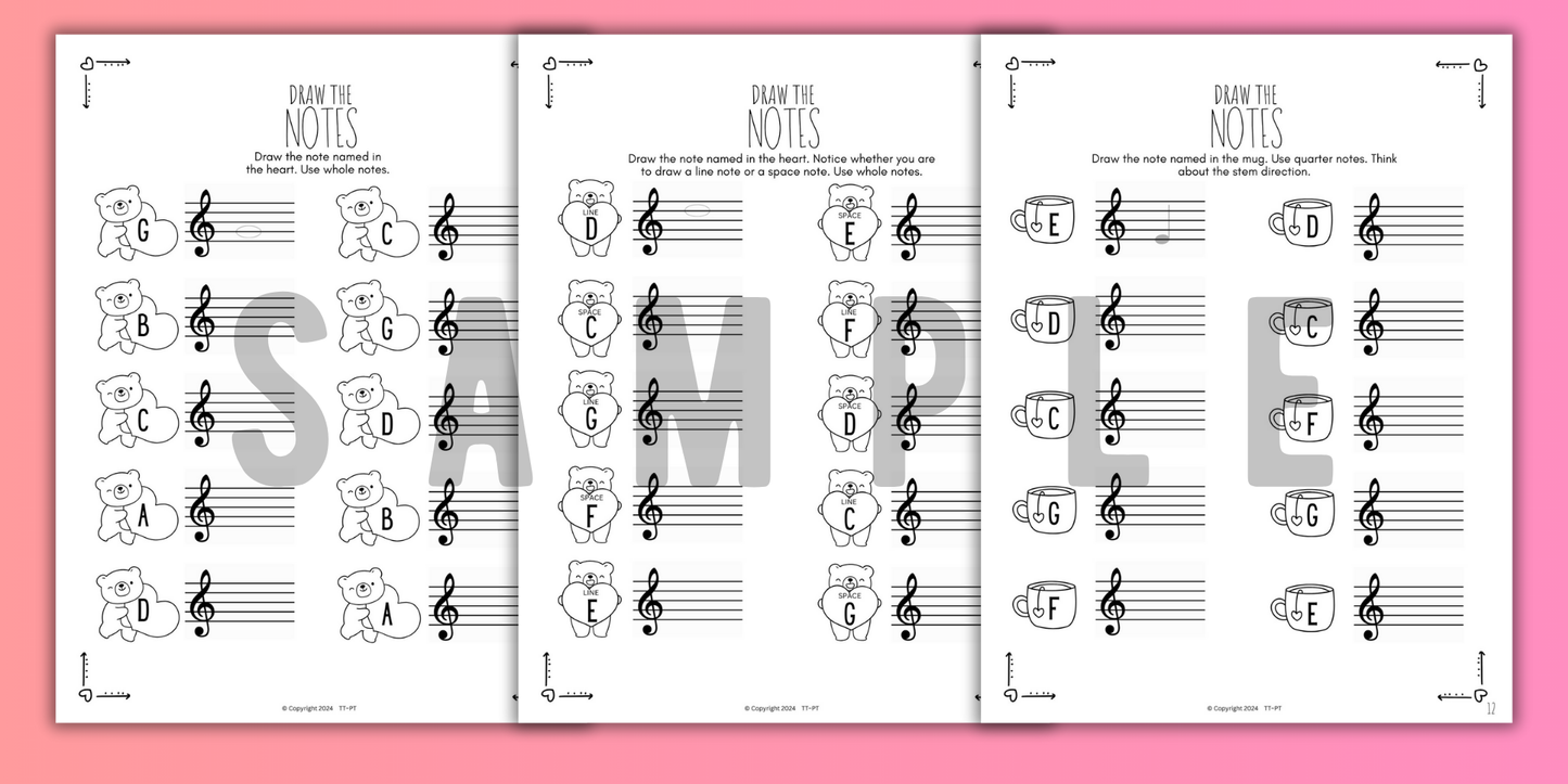 Valentine's Day NOTE NAMING Music Worksheets