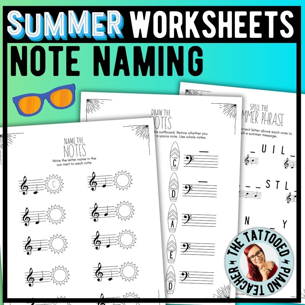 Summer NOTE NAMING Music Worksheets – The Tattooed Piano Teacher