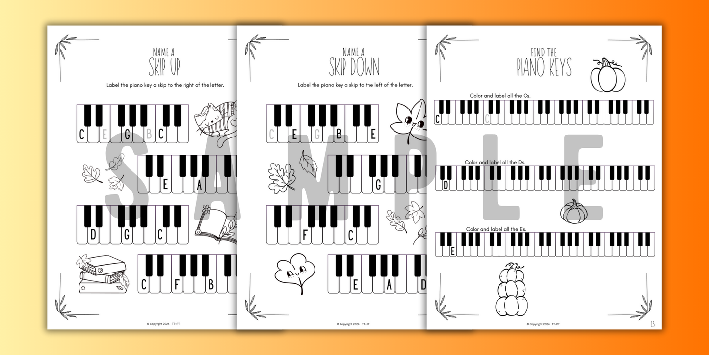 Fall PIANO KEYS Music Worksheets