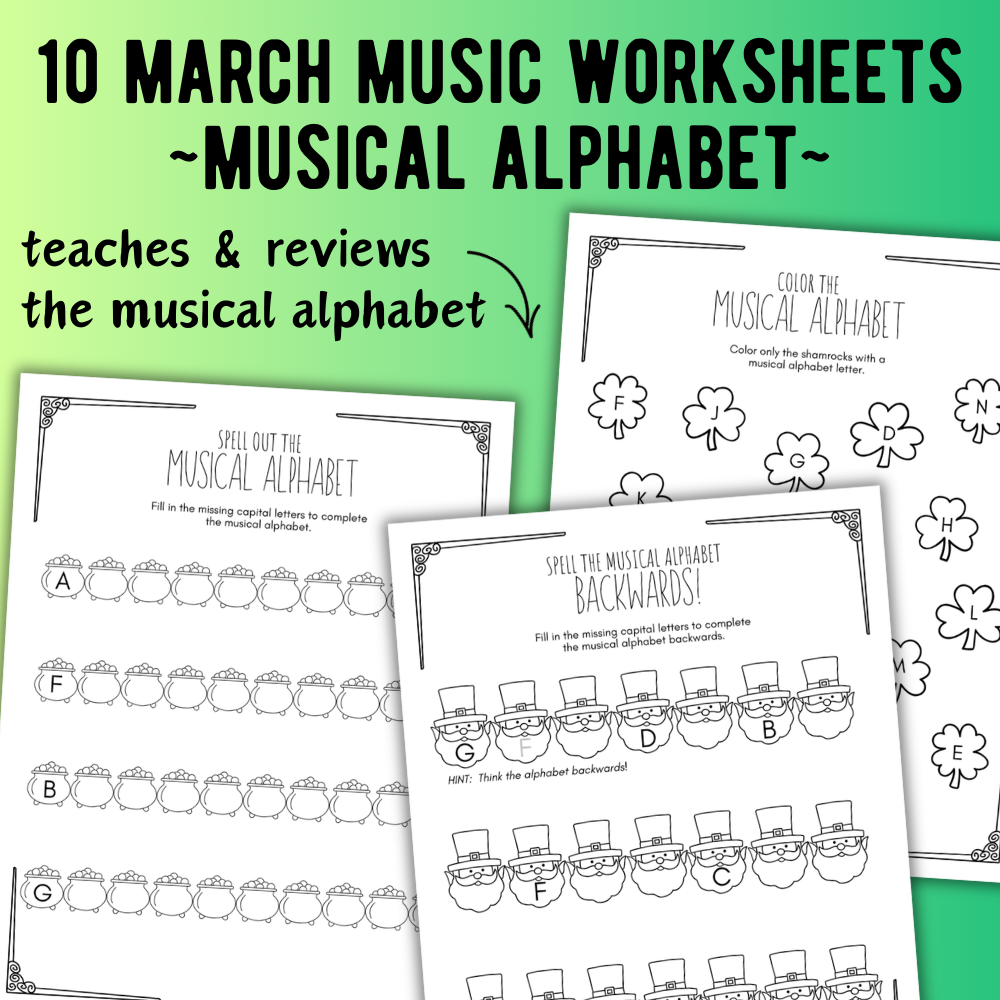 St. Patrick's Day MUSICAL ALPHABET Music Worksheets
