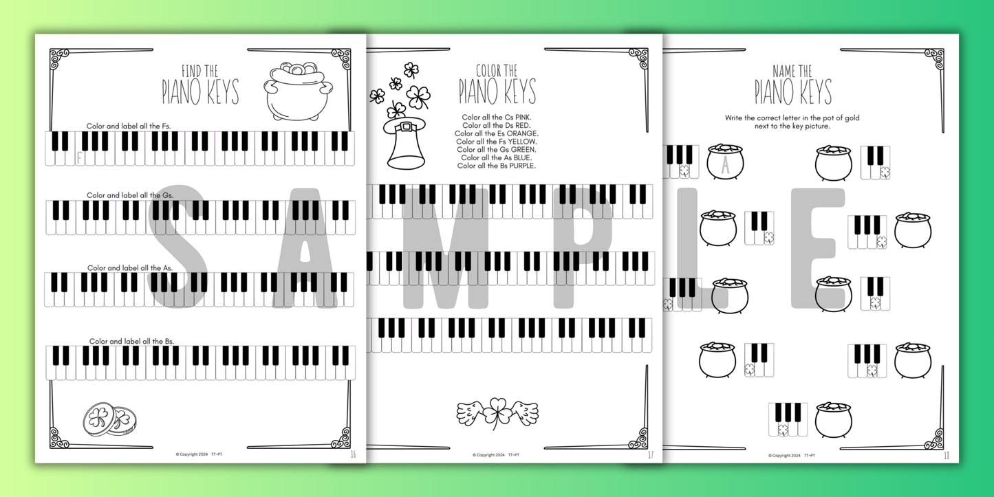 St. Patrick's Day PIANO KEYS Music Worksheets