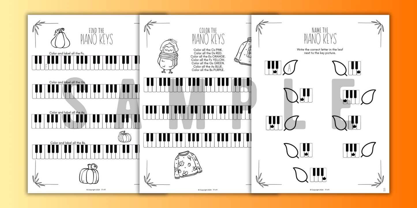 Fall PIANO KEYS Music Worksheets