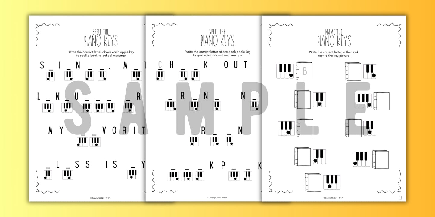 Back to School PIANO KEYS Music Worksheets
