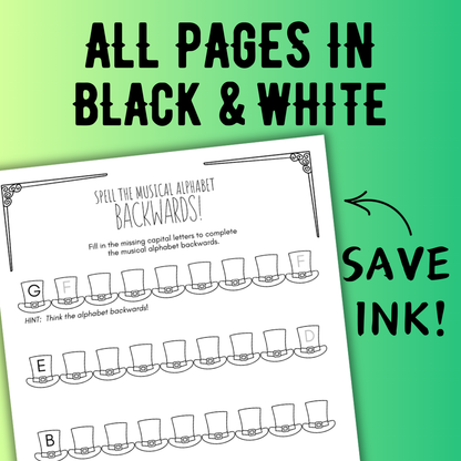 St. Patrick's Day MUSICAL ALPHABET Music Worksheets