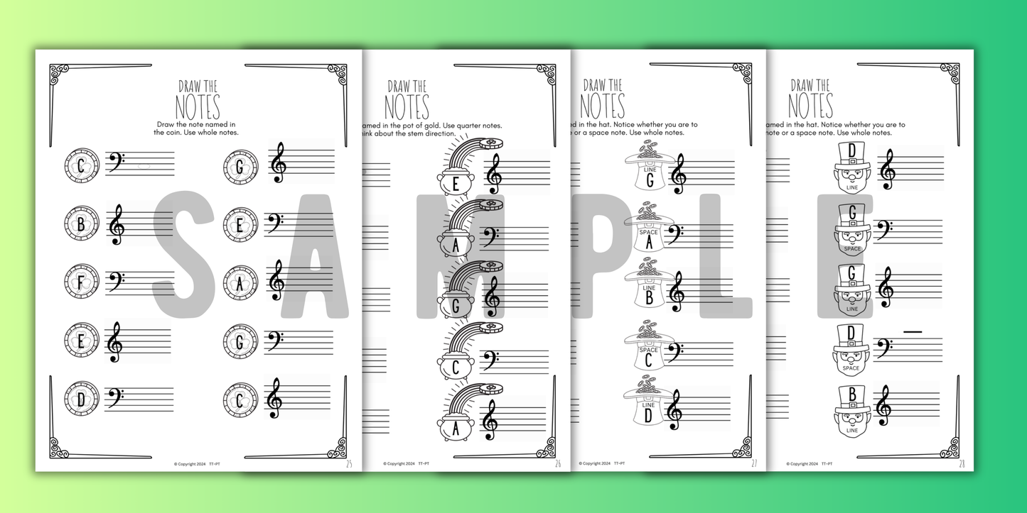 St. Patrick's Day NOTE NAMING Music Worksheets