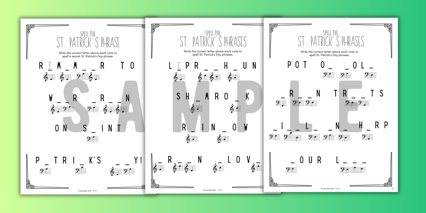 St. Patrick's Day NOTE NAMING Music Worksheets
