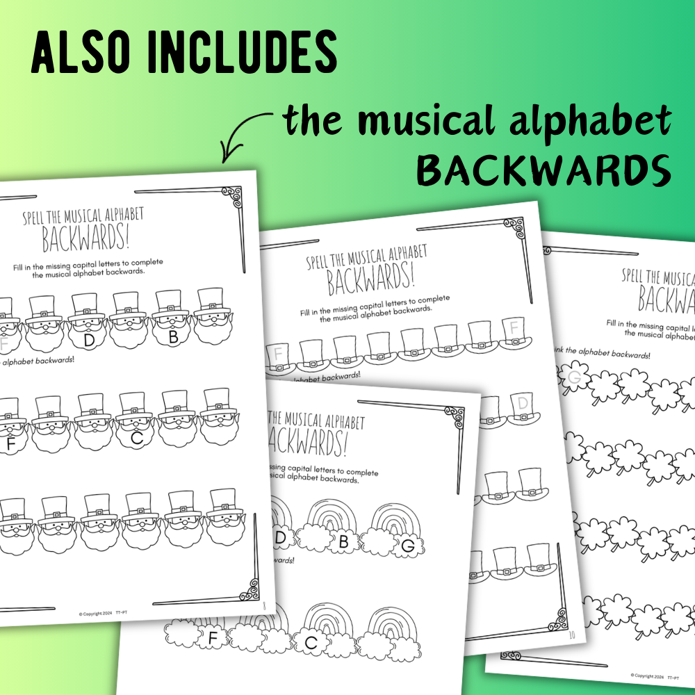 St. Patrick's Day MUSICAL ALPHABET Music Worksheets