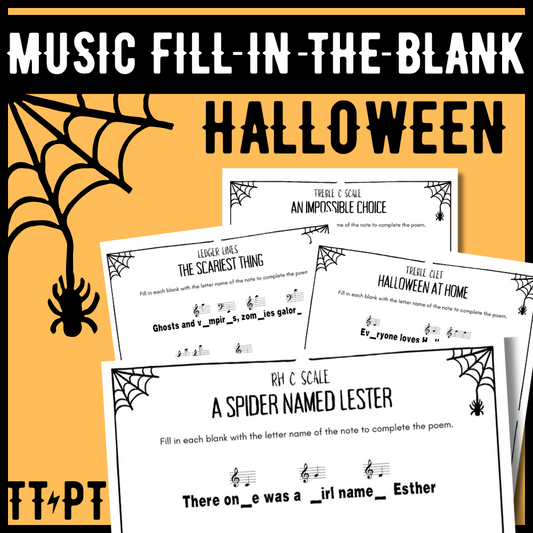 Halloween Fill-in-the-Blank Note Naming Worksheets