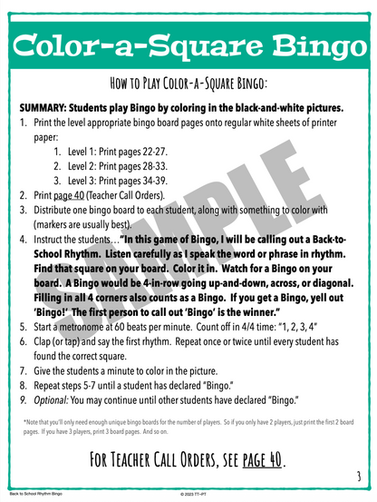 Back to School Rhythm Bingo