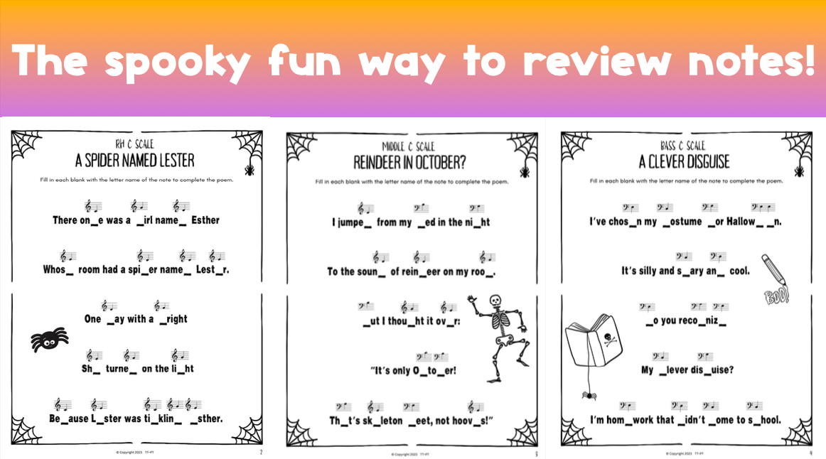 Halloween Fill-in-the-Blank Note Naming Worksheets