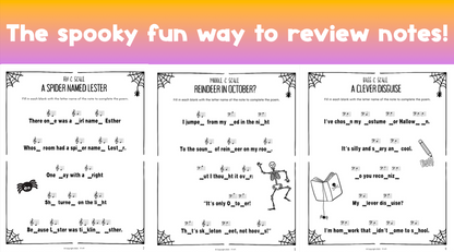 Halloween Fill-in-the-Blank Note Naming Worksheets