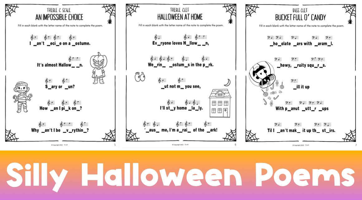 Halloween Fill-in-the-Blank Note Naming Worksheets