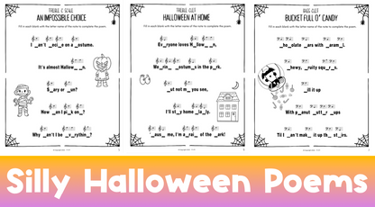 Halloween Fill-in-the-Blank Note Naming Worksheets