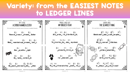 Halloween Fill-in-the-Blank Note Naming Worksheets