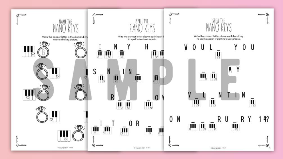 Valentine's Day PIANO KEYS Music Worksheets