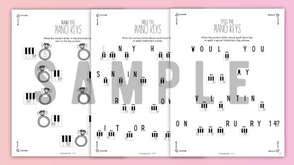 Valentine's Day PIANO KEYS Music Worksheets