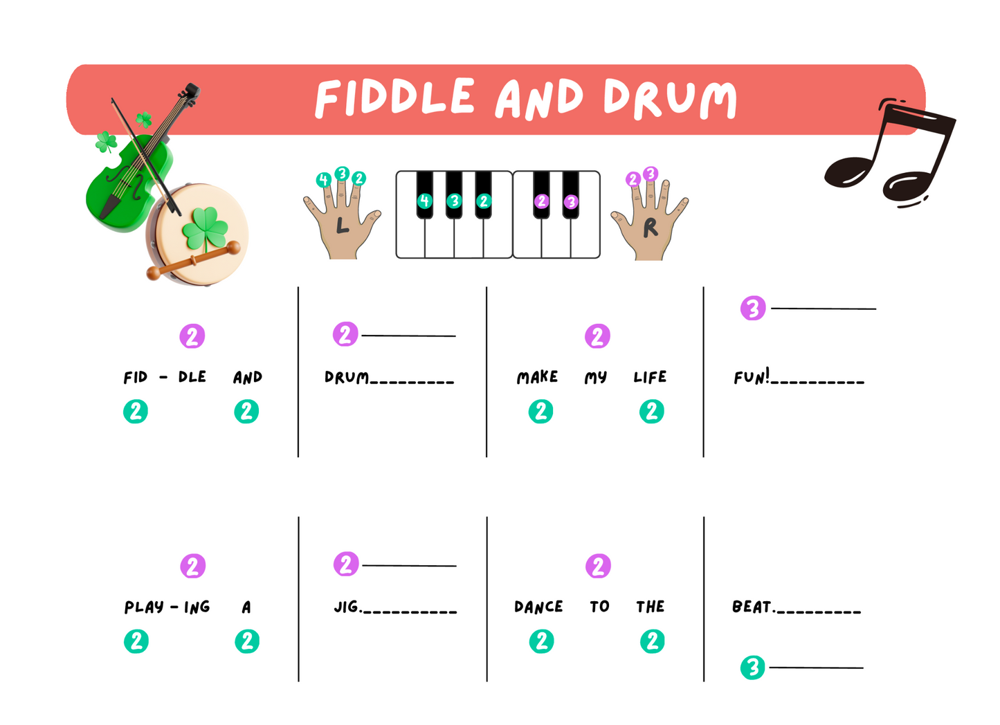 Fiddle and Drum - Irish Very Early Elementary Piano Solo Sheet Music & Activity (Pre-Reading)