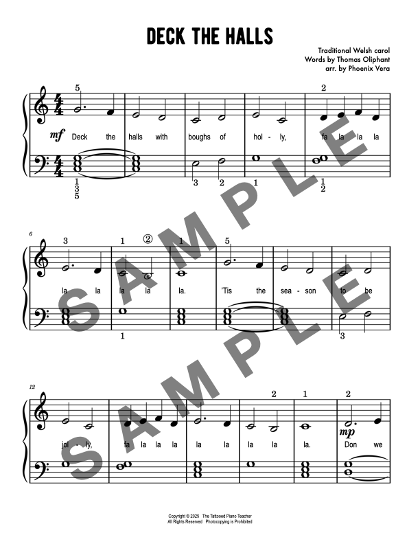 Deck the Halls - Early Elementary Piano Solo Sheet Music (Primer Christmas)
