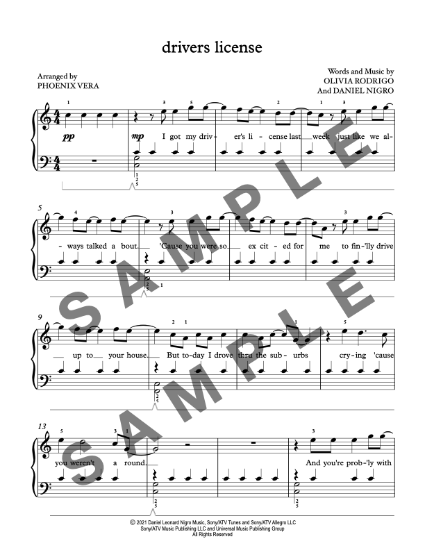 Drivers License [Early Intermediate] by Olivia Rodrigo - Piano Sheet Music