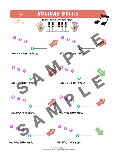 Holiday Bells - Very Early Elementary Piano Solo Sheet Music & Activity (Pre-Reading Christmas)