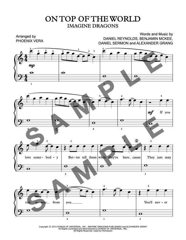 On Top of the World [Late Elementary] by Imagine Dragons - Piano Solo Sheet Music