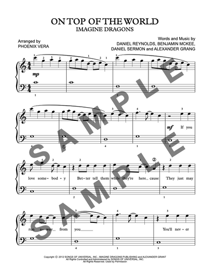 On Top of the World [Late Elementary] by Imagine Dragons - Piano Solo Sheet Music