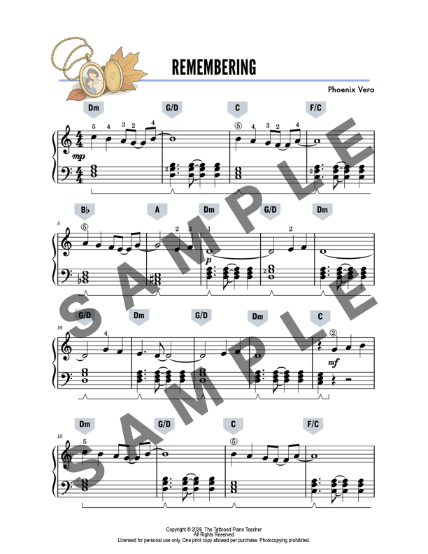 Remembering - Late Elementary Original Piano Solo Lead Sheet Music