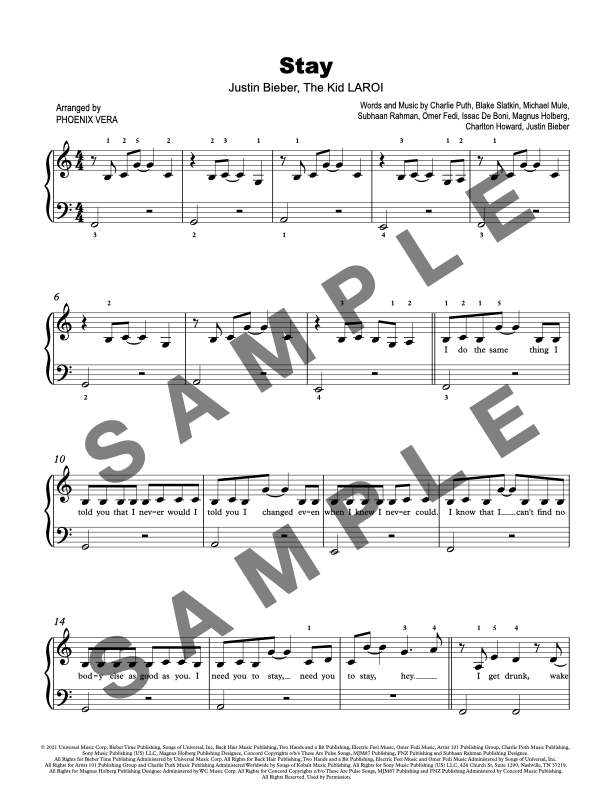 Stay [Elementary] by Justin Bieber, The Kid LAROI - Piano Solo Sheet Music